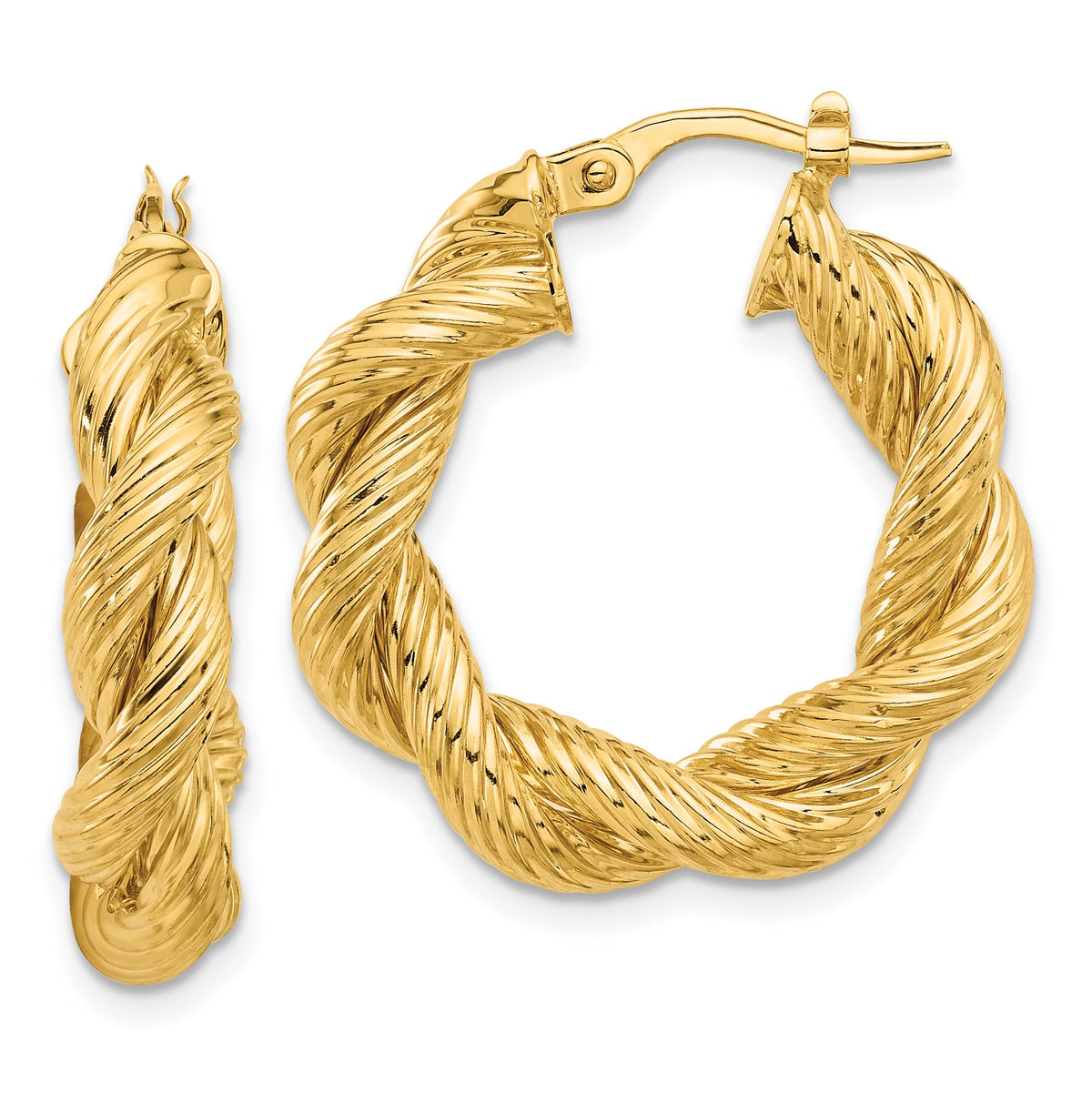 14K Polished and Textured Twisted Hoop Earrings-TF2259