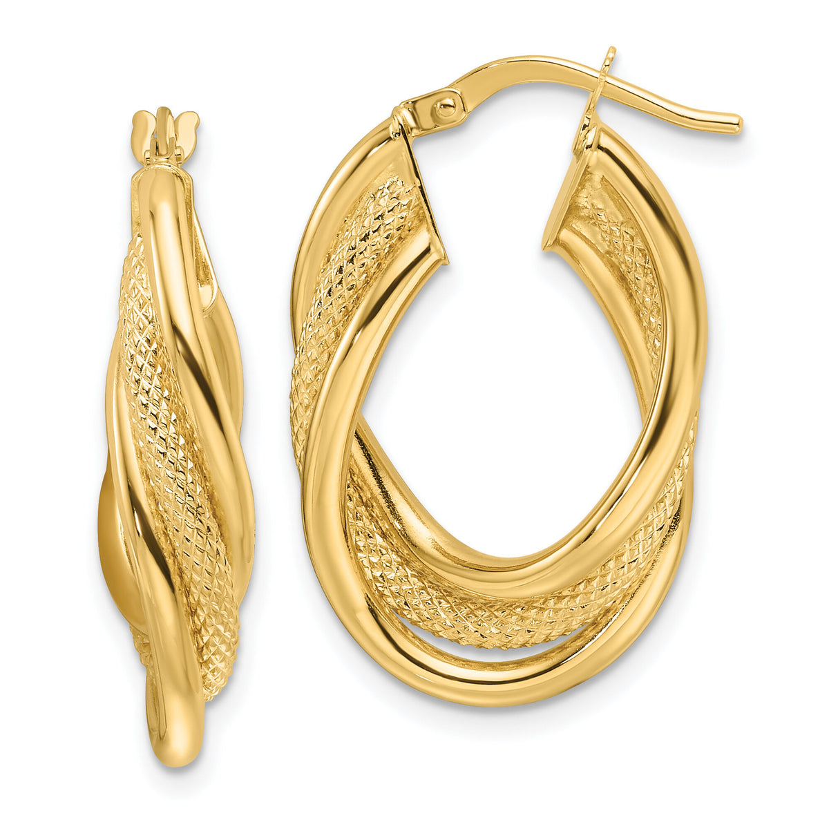 14ky Polished Textured & Intertwined Oval Hoop Earrings-TF2265
