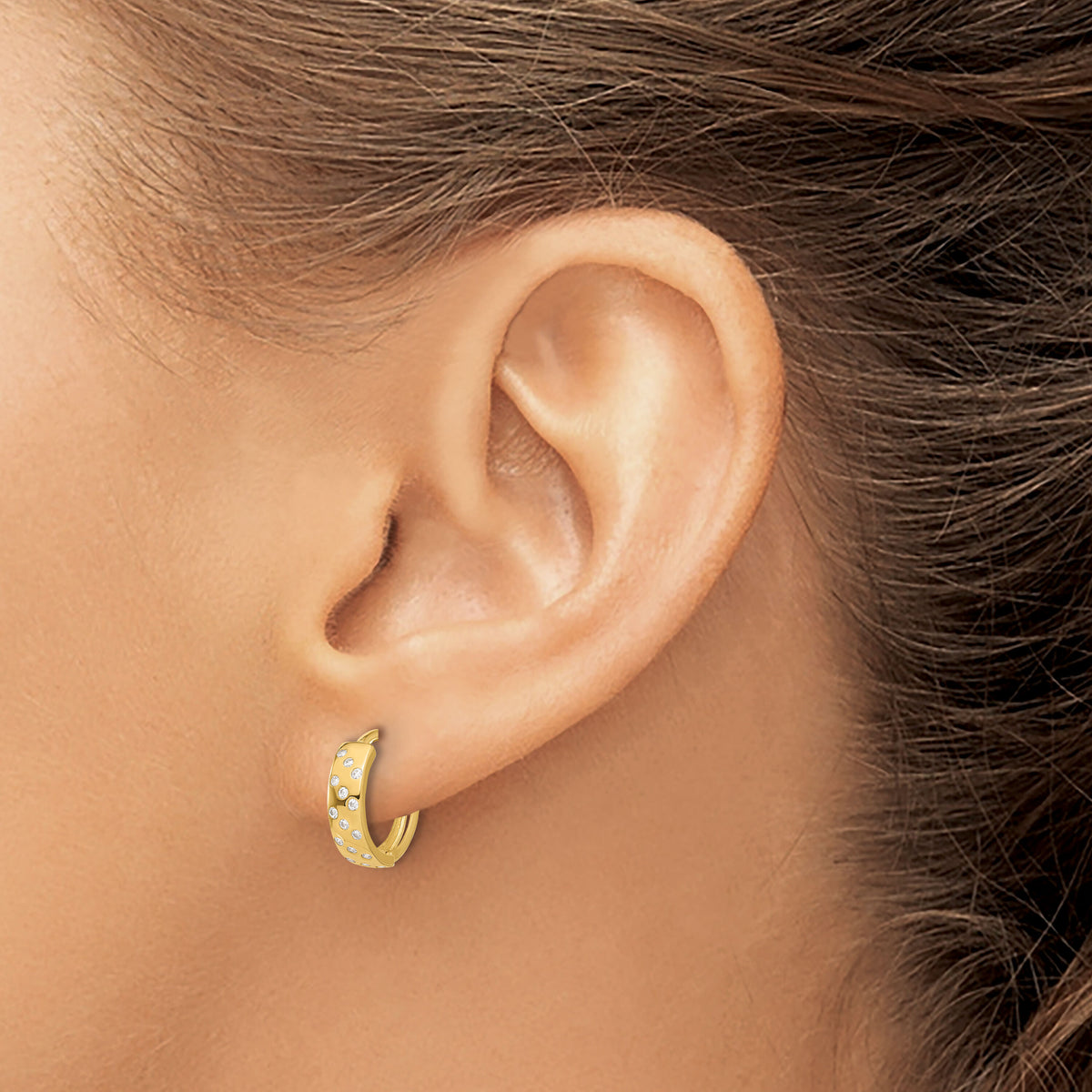 14K Polished CZ Hinged Hoop Earrings-TF2289