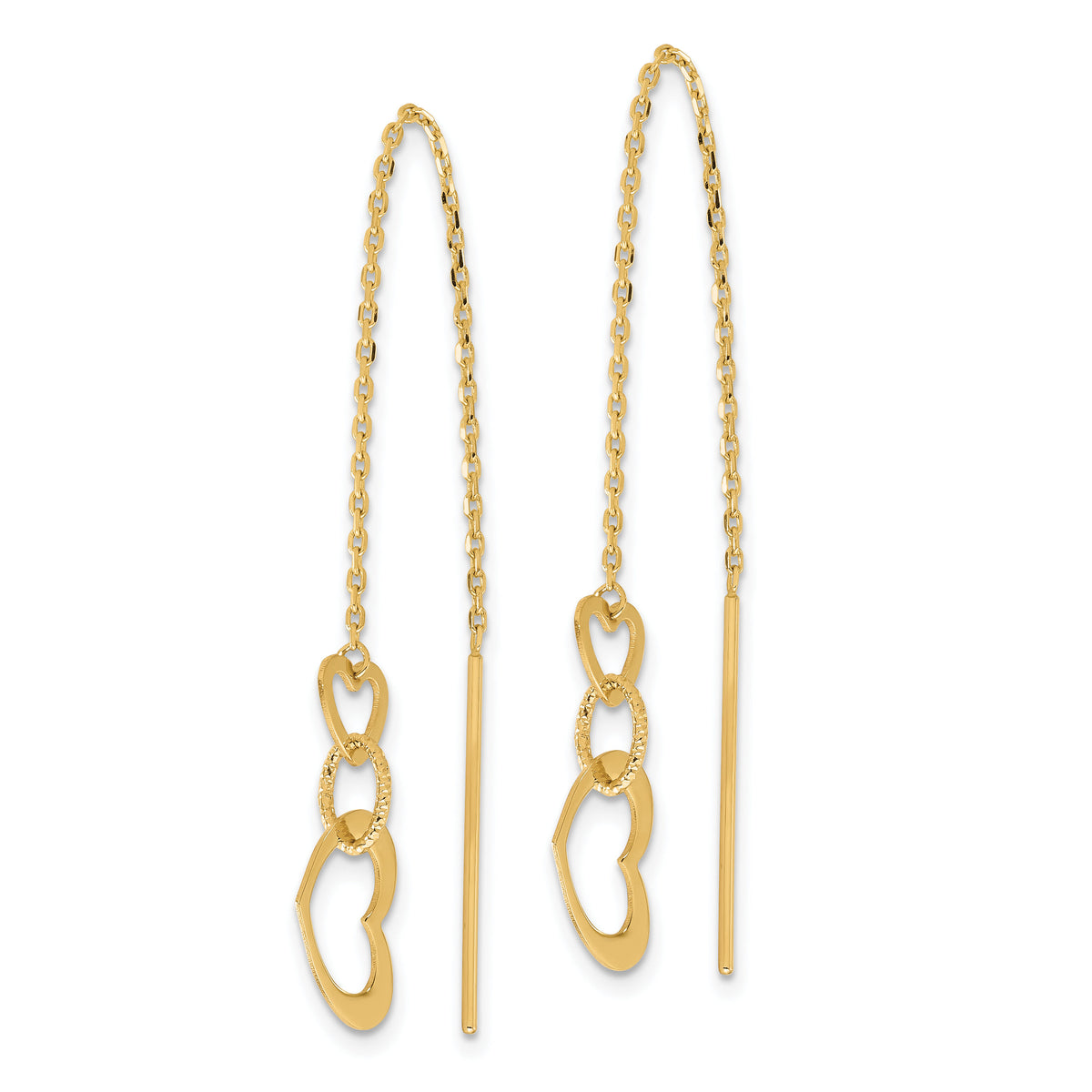 14K Polished Hearts Dangle Threader Earrings-TF2320