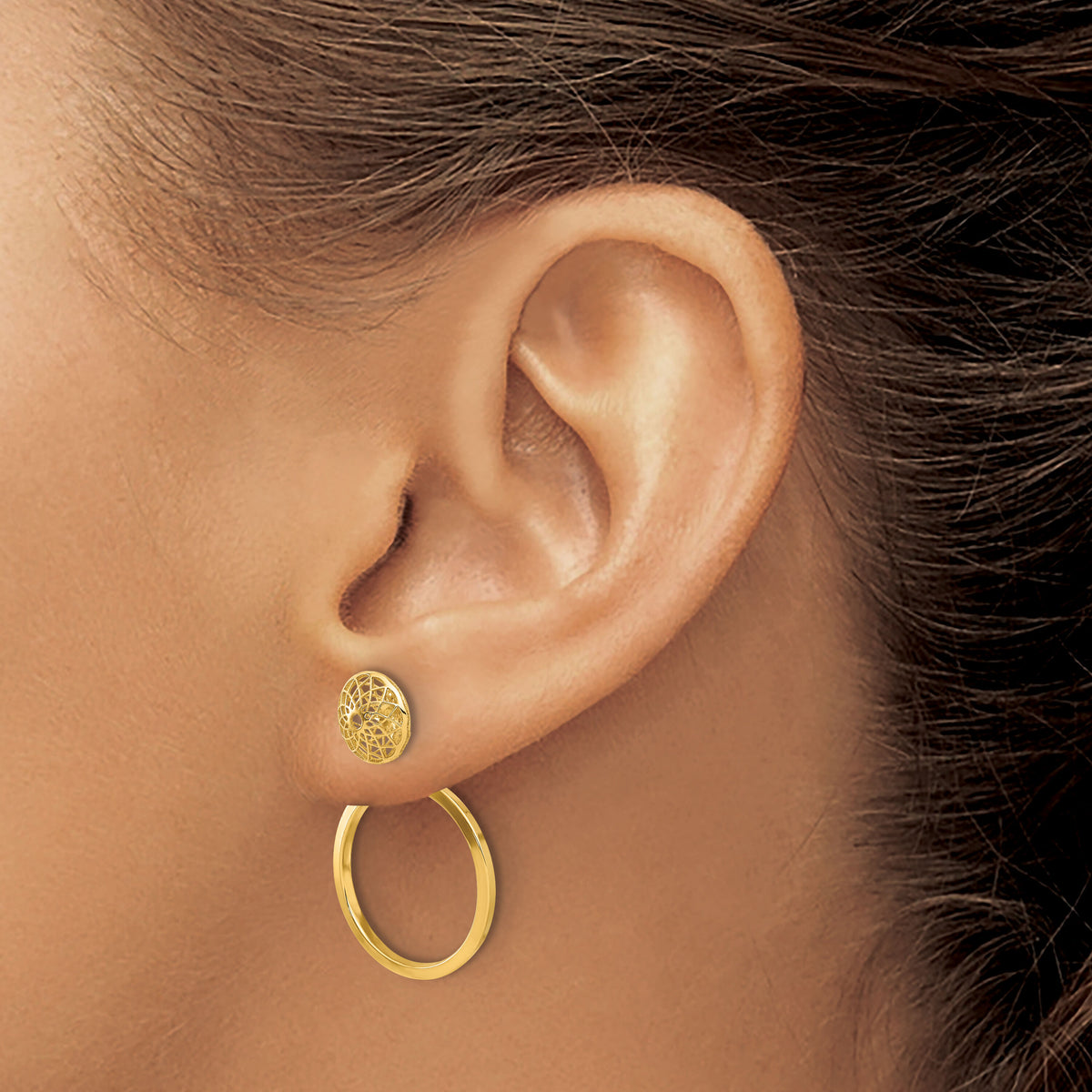 14k Polished Cut Out Hollow Dangle Circle Post Earrings-TF2330