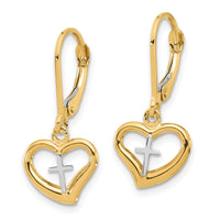 14K Two-tone Polished Cross in Heart Leverback Dangle Earrings-TF2362
