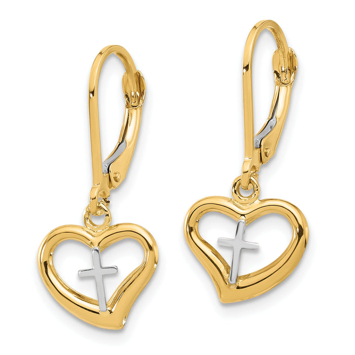 14K Two-tone Polished Cross in Heart Leverback Dangle Earrings-TF2362