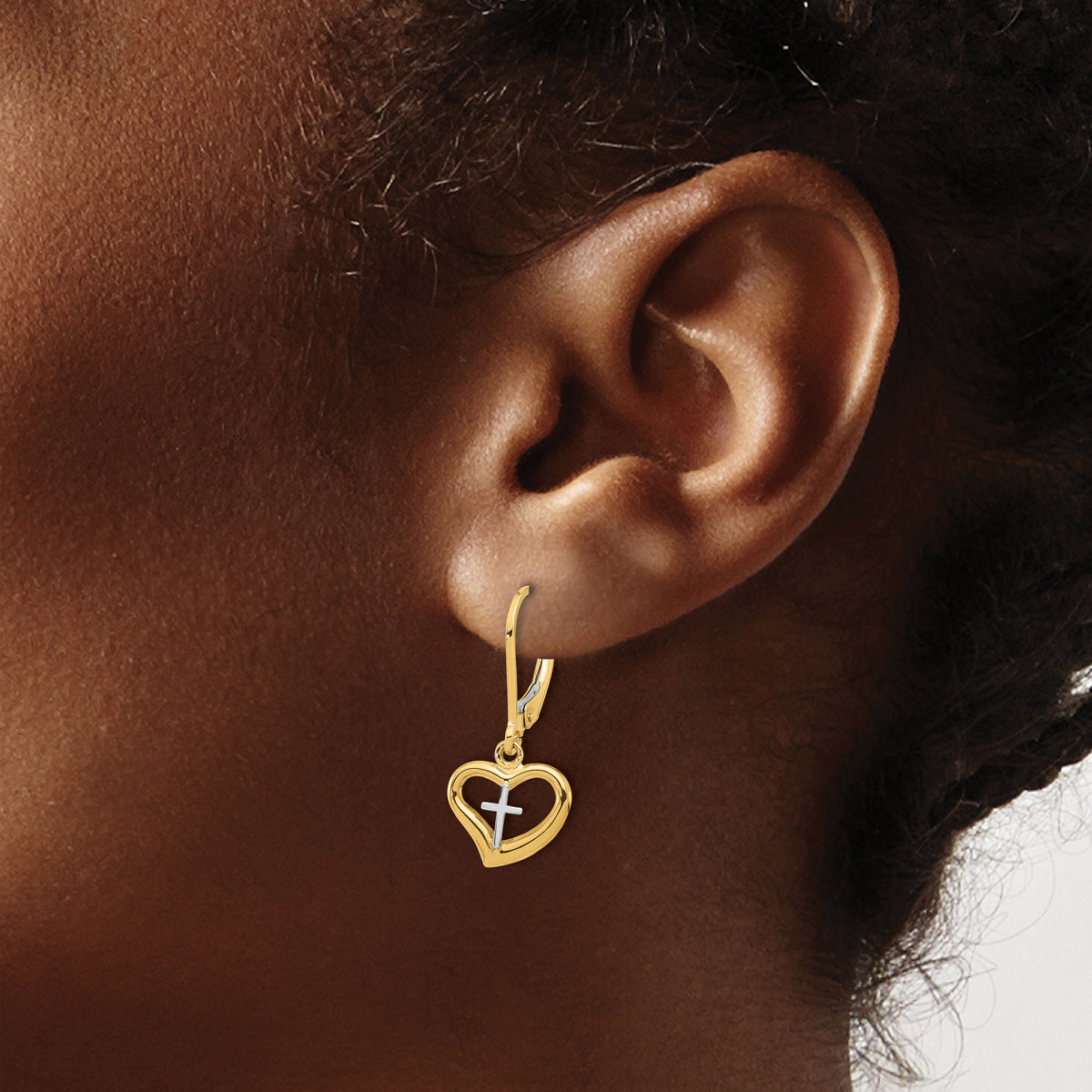 14K Two-tone Polished Cross in Heart Leverback Dangle Earrings-TF2362