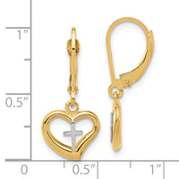 14K Two-tone Polished Cross in Heart Leverback Dangle Earrings-TF2362