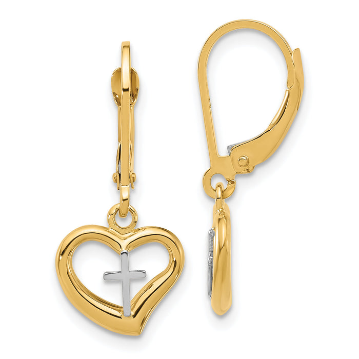 14K Two-tone Polished Cross in Heart Leverback Dangle Earrings-TF2362