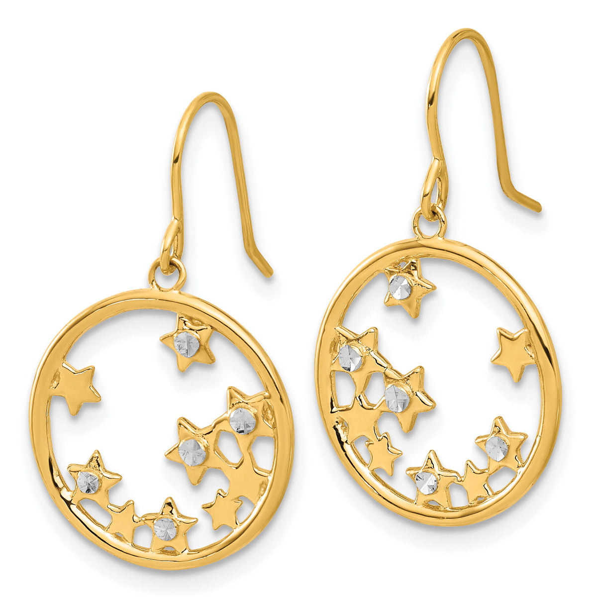 14k and White Rhodium D/C Stars in Circle Dangle Earrings-TF2364