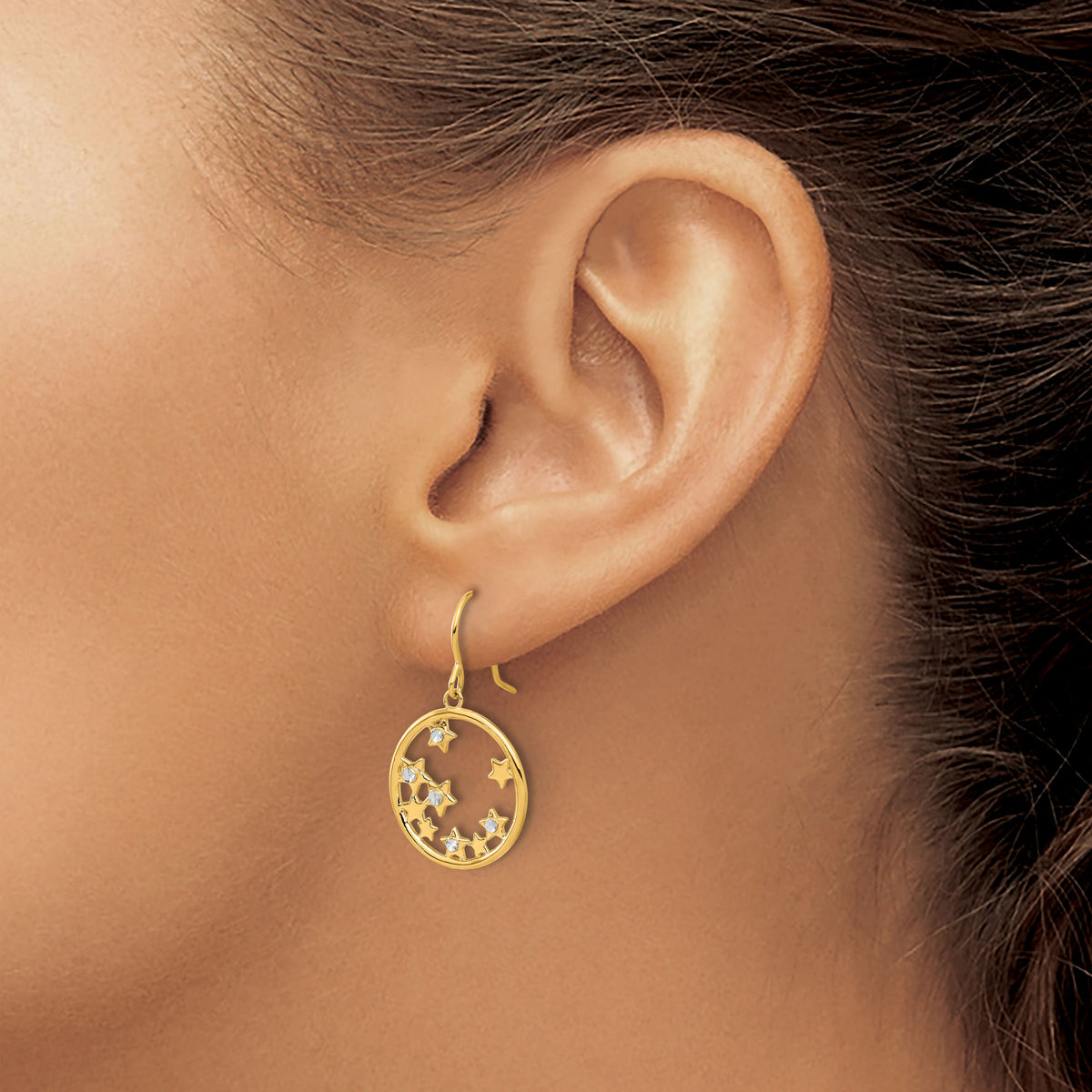 14k and White Rhodium D/C Stars in Circle Dangle Earrings-TF2364