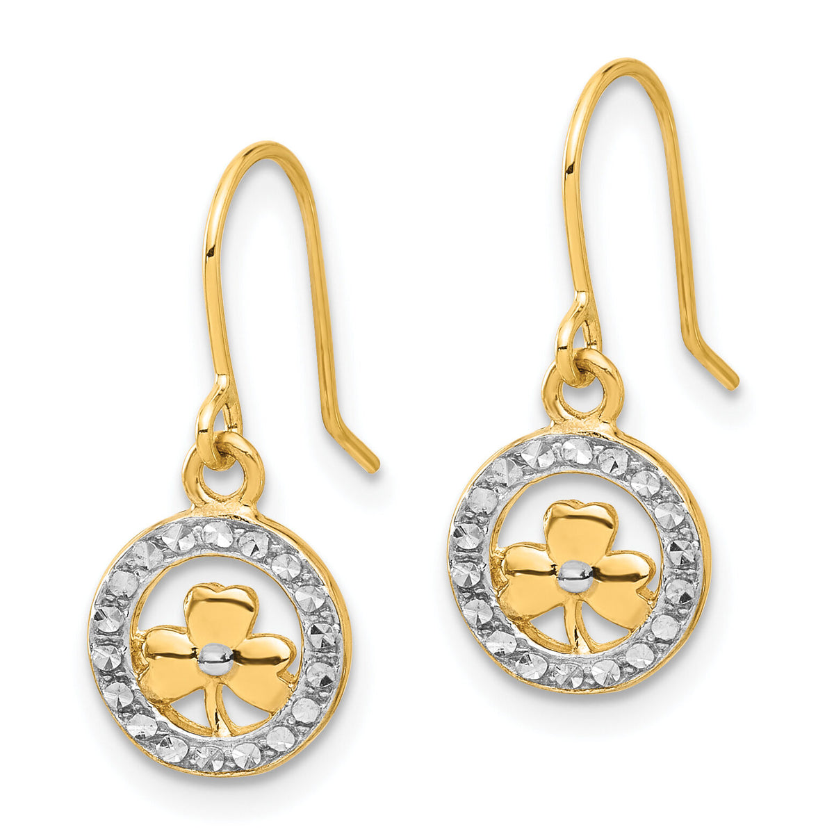 14k and White Rhodium D/C Clover in Circle Dangle Earrings-TF2366
