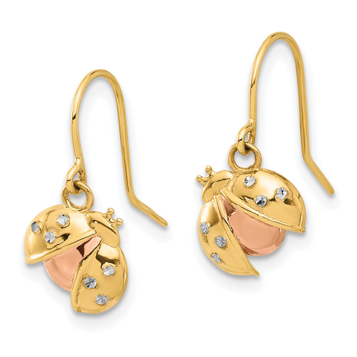 14k w/Rose and White Rhodium D/C Ladybug Dangle Earrings-TF2367