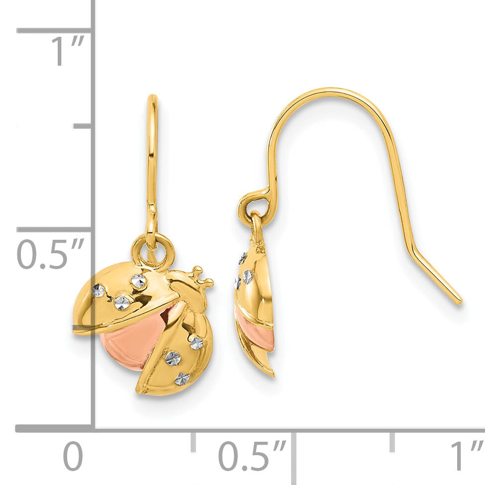 14k w/Rose and White Rhodium D/C Ladybug Dangle Earrings-TF2367