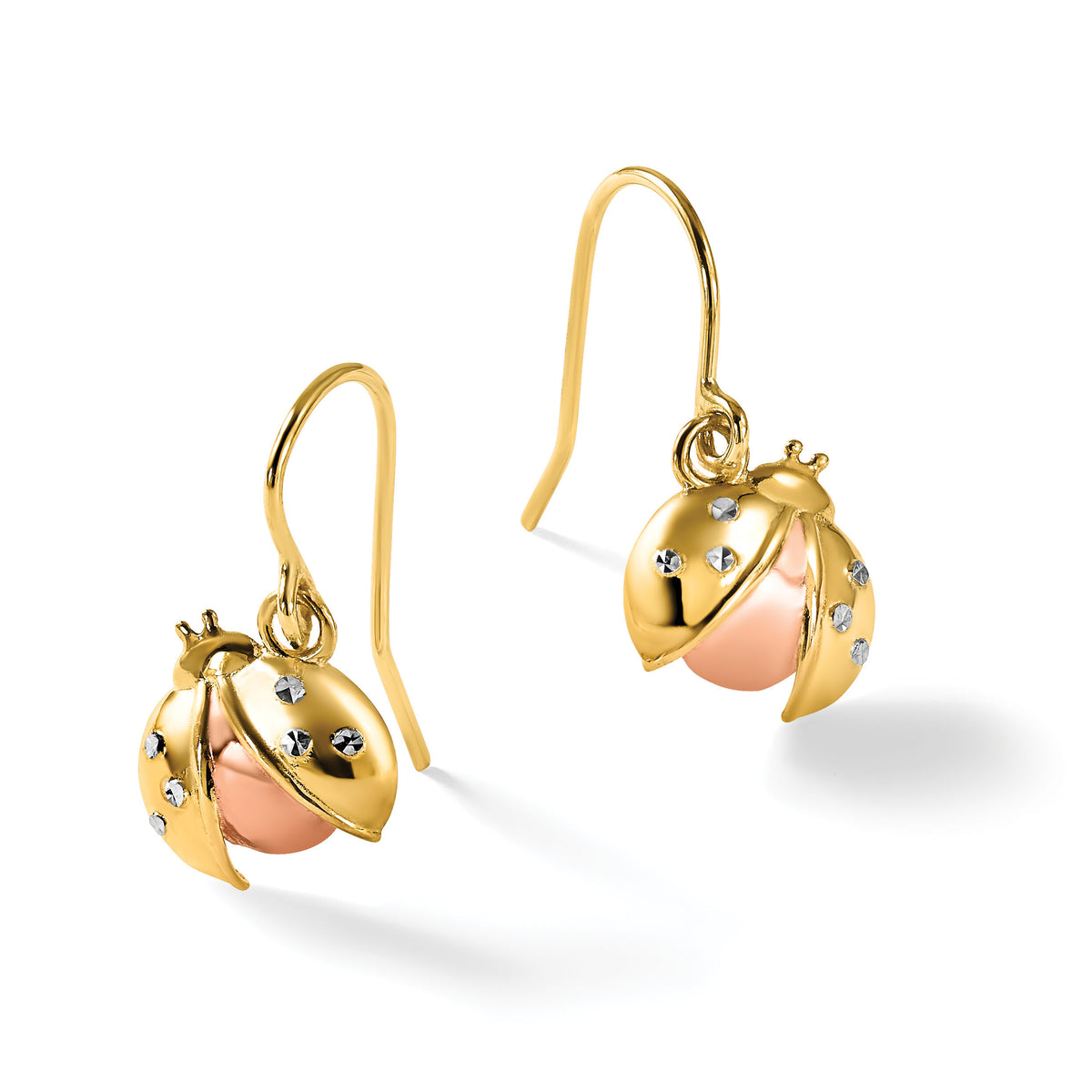 14k w/Rose and White Rhodium D/C Ladybug Dangle Earrings-TF2367