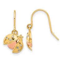 14k w/Rose and White Rhodium D/C Ladybug Dangle Earrings-TF2367