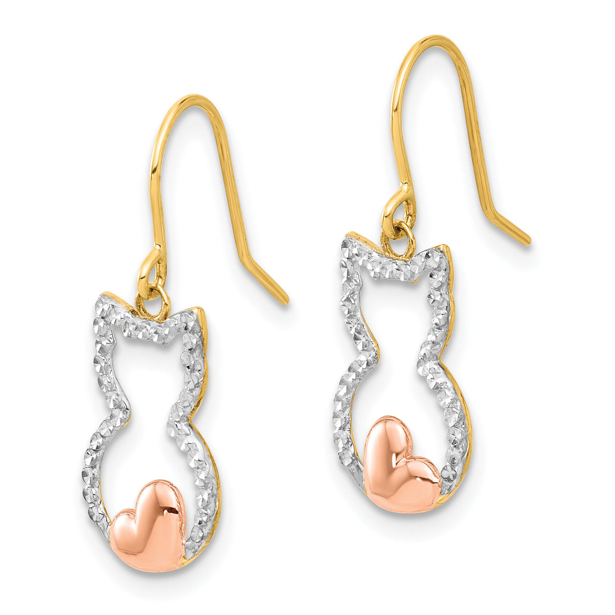 14k w/Rose and White Rhodium D/C Cat Outline Dangle Earrings-TF2371