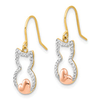 14k w/Rose and White Rhodium D/C Cat Outline Dangle Earrings-TF2371