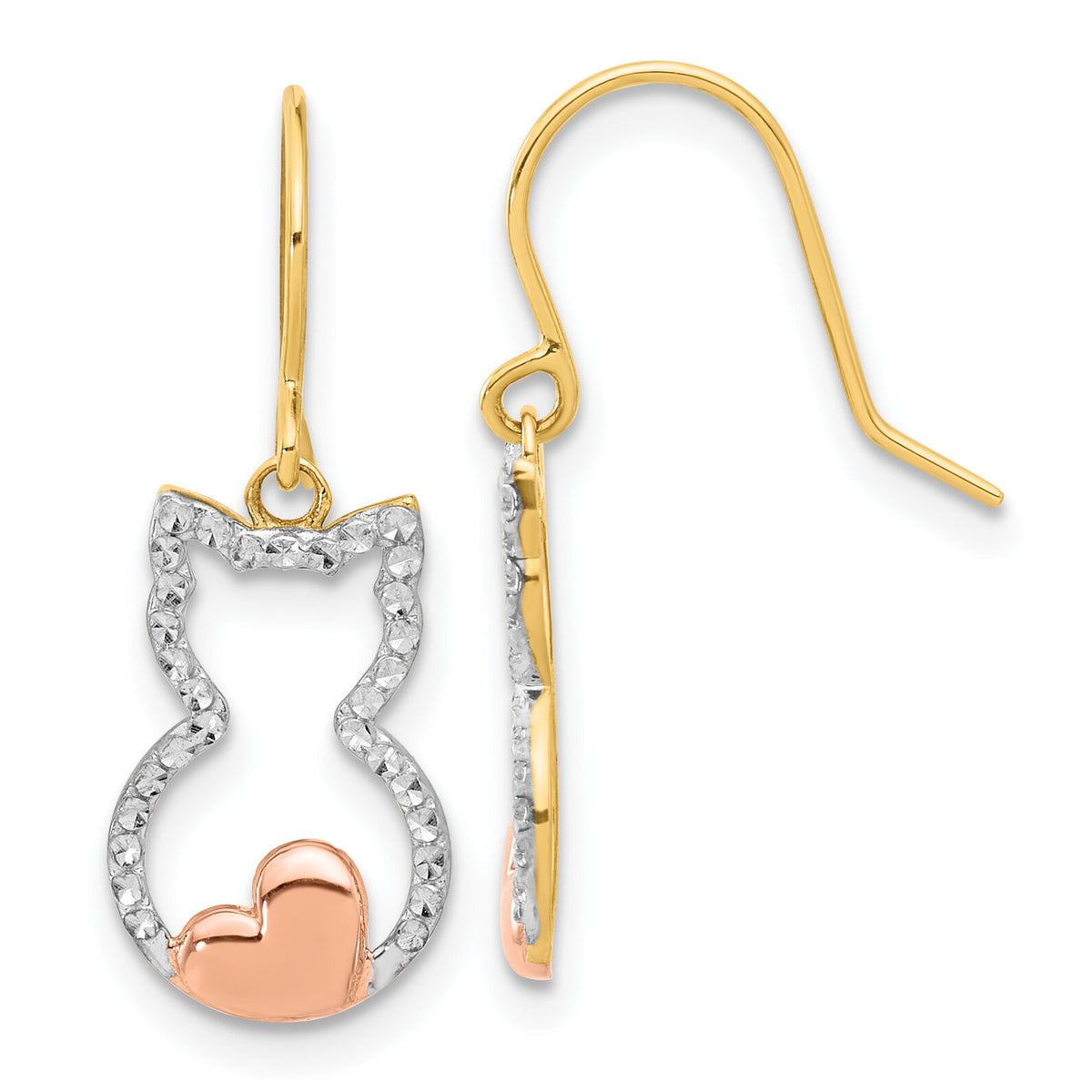 14k w/Rose and White Rhodium D/C Cat Outline Dangle Earrings-TF2371