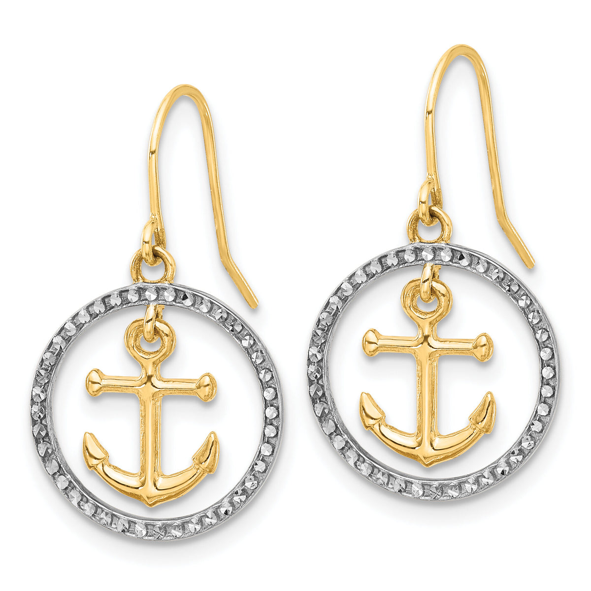 14k and White Rhodium D/C Anchor Dangle in Circle Dangle Earrings-TF2372