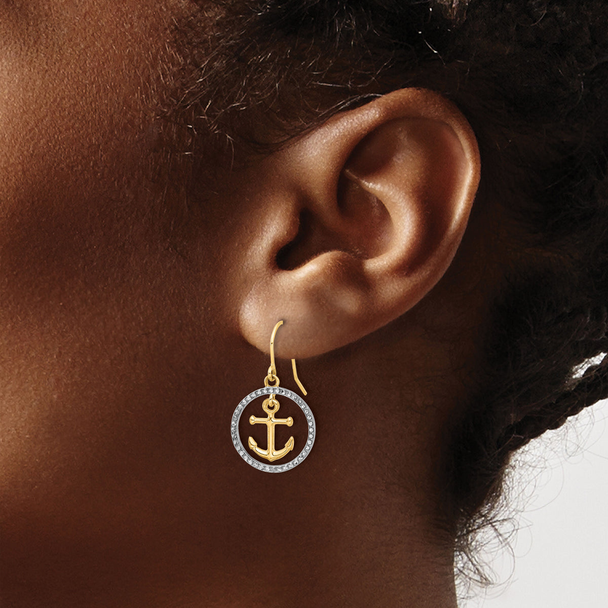 14k and White Rhodium D/C Anchor Dangle in Circle Dangle Earrings-TF2372