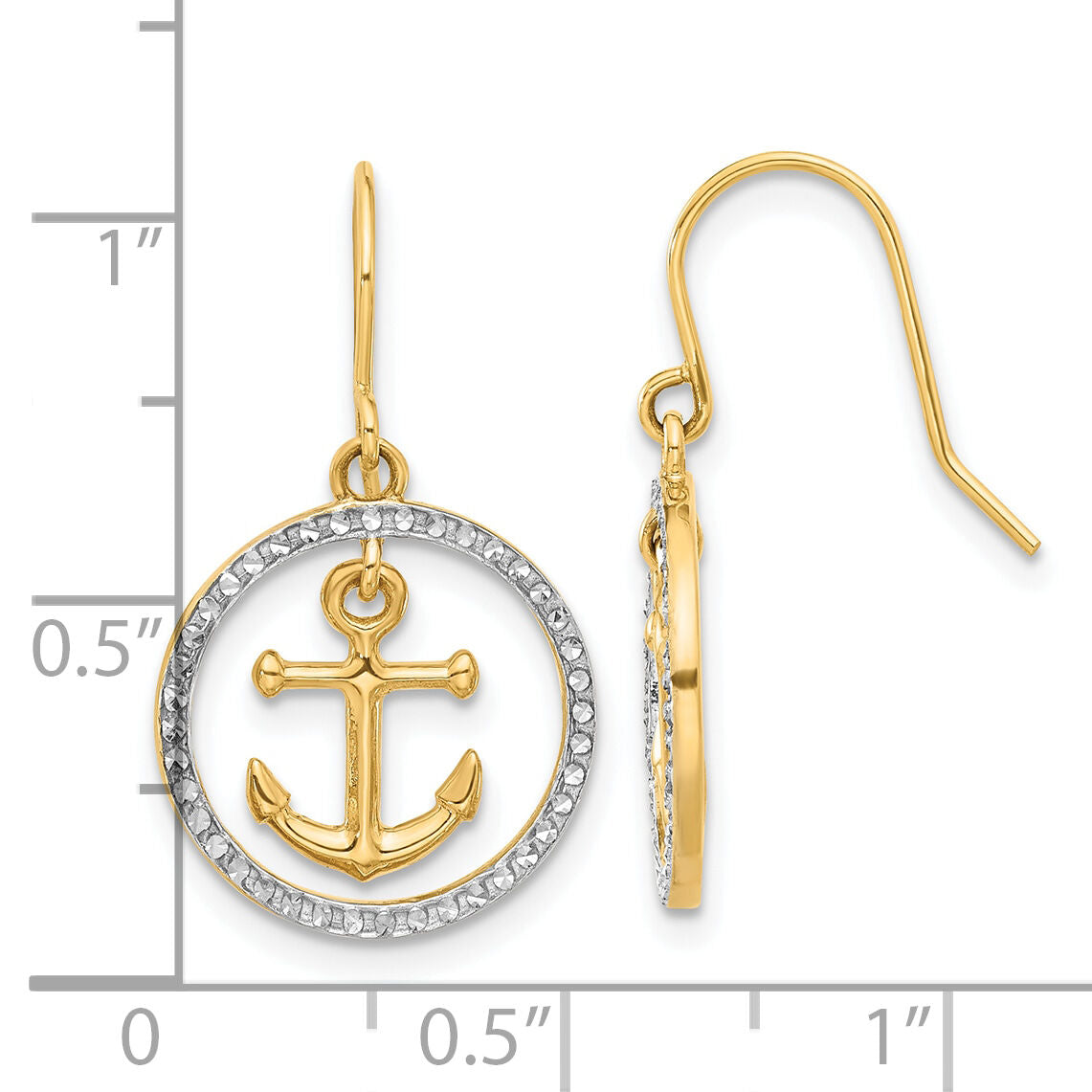 14k and White Rhodium D/C Anchor Dangle in Circle Dangle Earrings-TF2372
