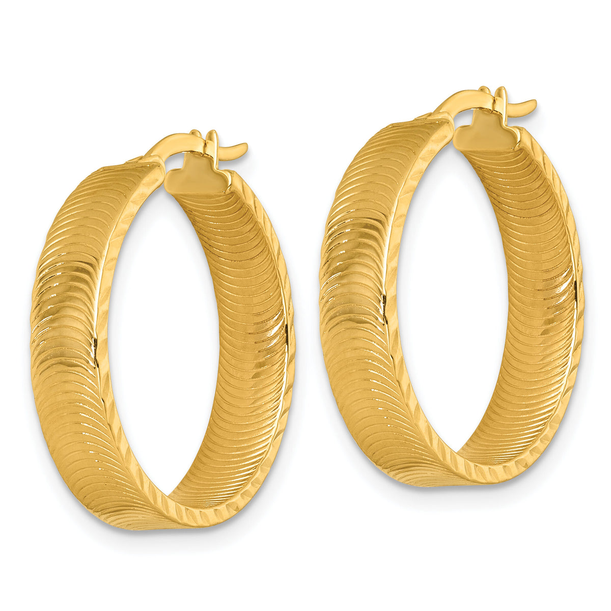14k Polished Diamond-Cut Textured Hoop Earrings-TF2394