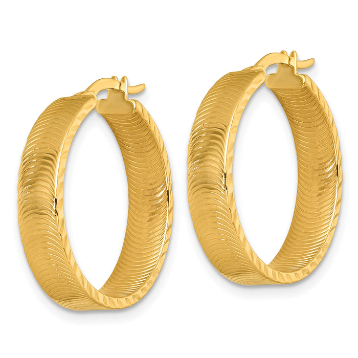 14k Polished Diamond-Cut Textured Hoop Earrings-TF2394