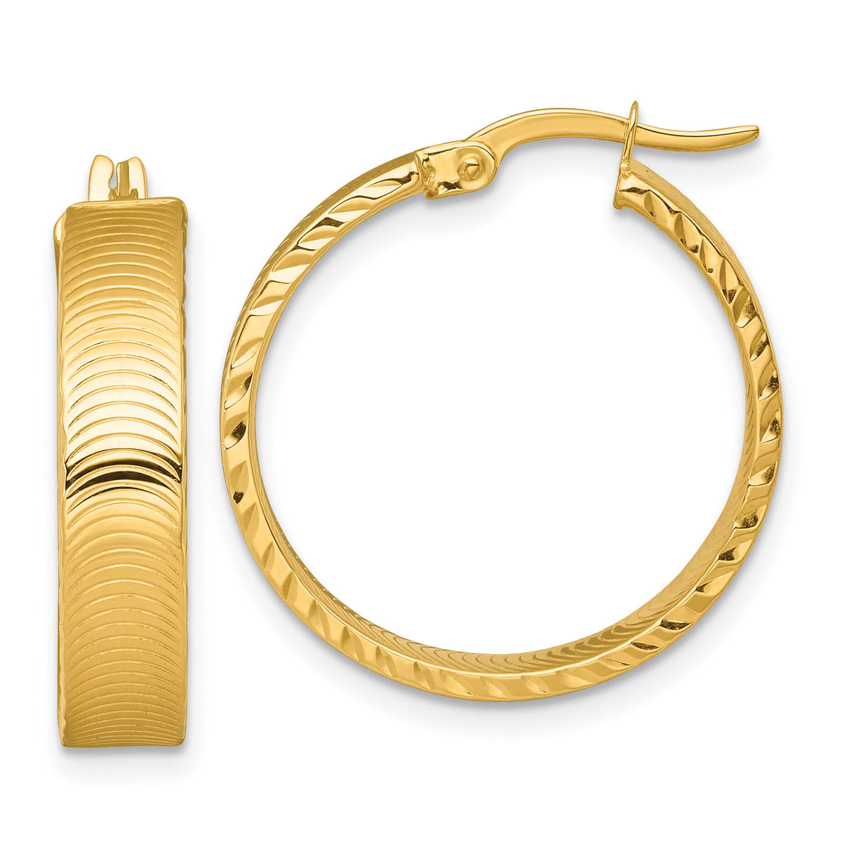 14k Polished Diamond-Cut Textured Hoop Earrings-TF2394