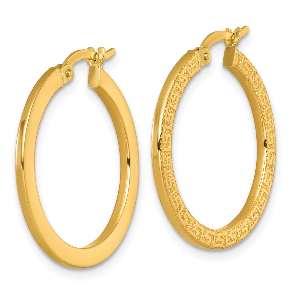 14k Polished Textured Greek Key Hoop Earrings-TF2396