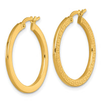 14k Polished Textured Greek Key Hoop Earrings-TF2396