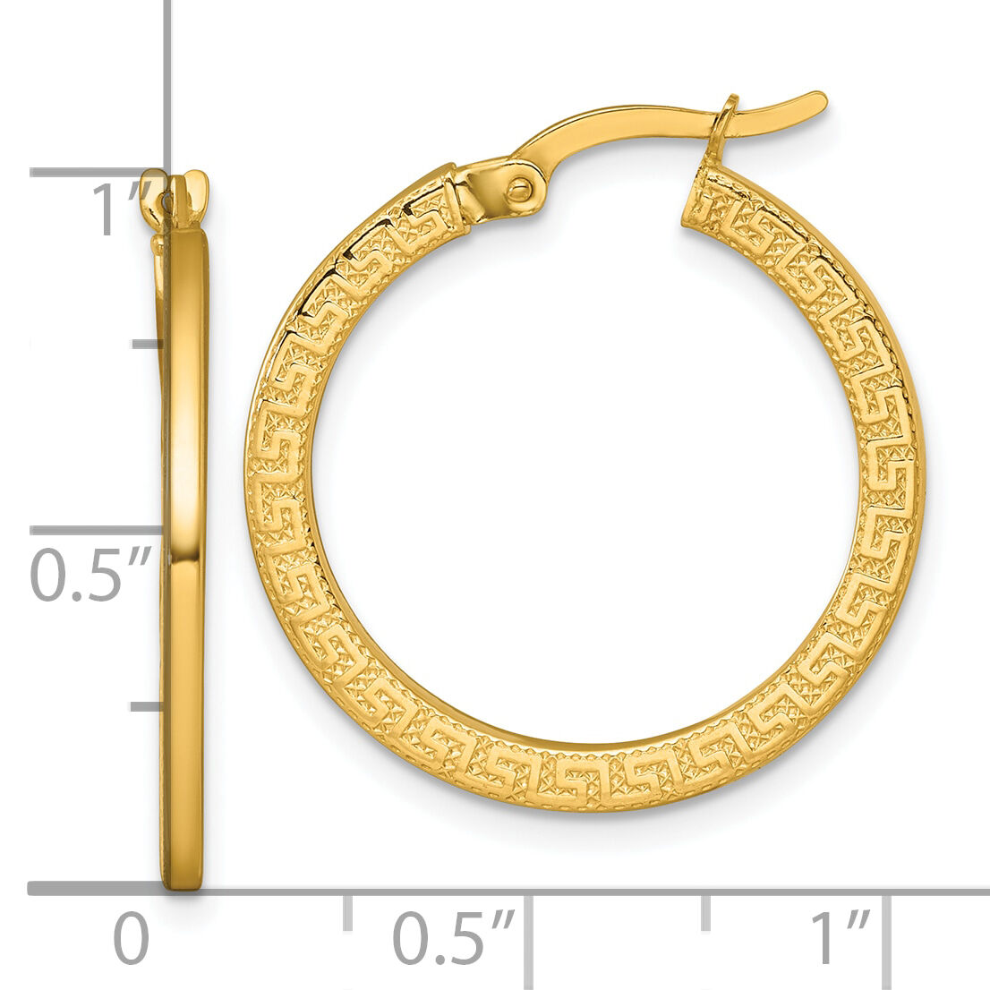 14k Polished Textured Greek Key Hoop Earrings-TF2396