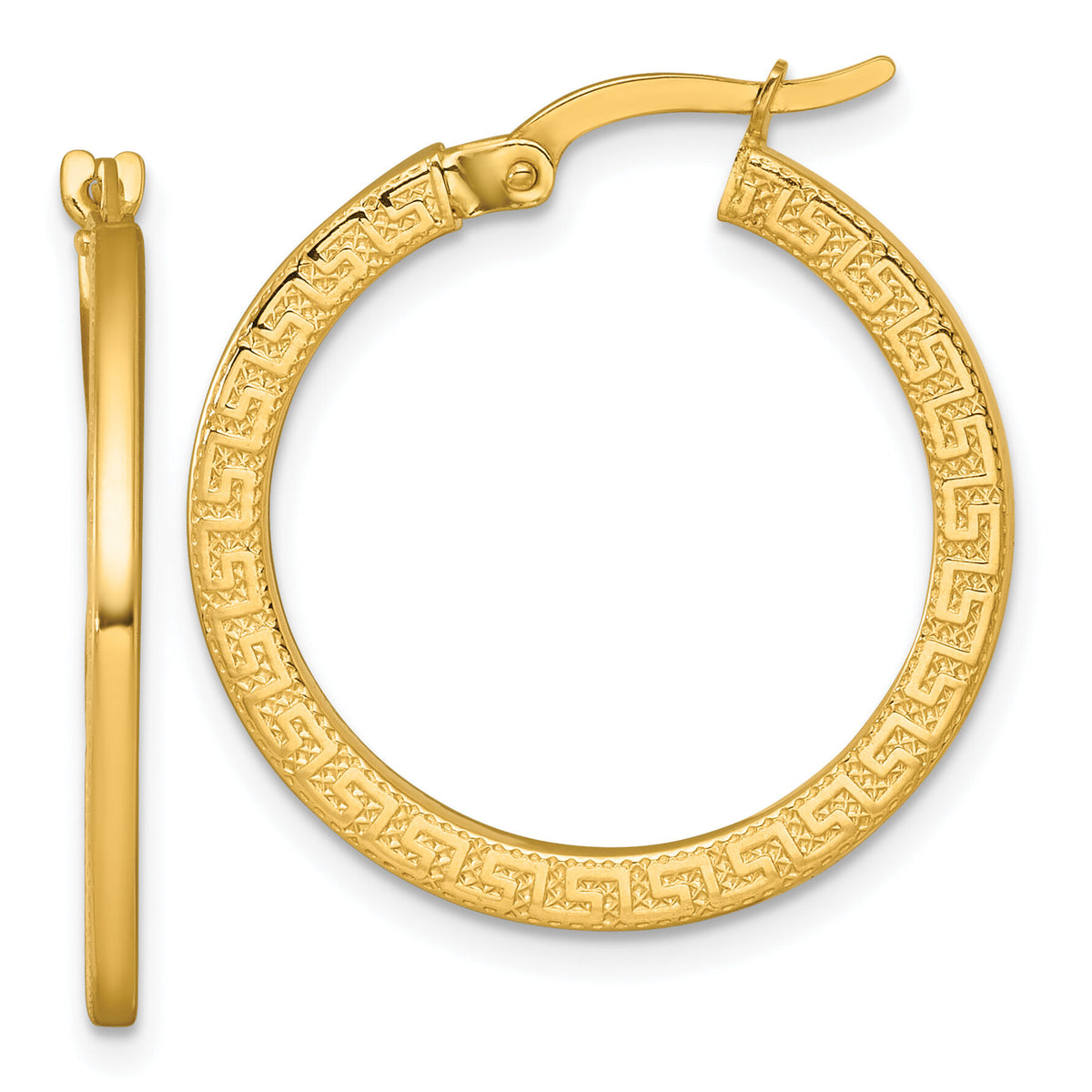 14k Polished Textured Greek Key Hoop Earrings-TF2396