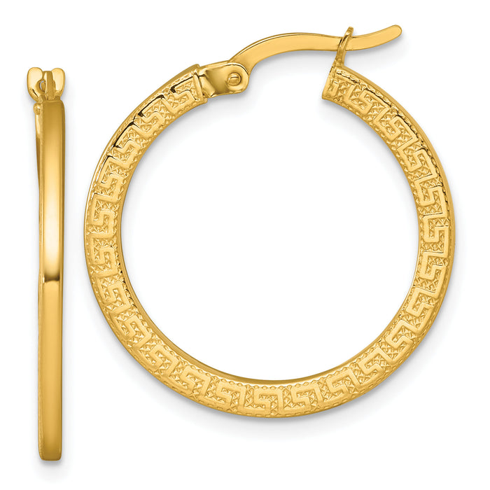 14k Polished Textured Greek Key Hoop Earrings-TF2396