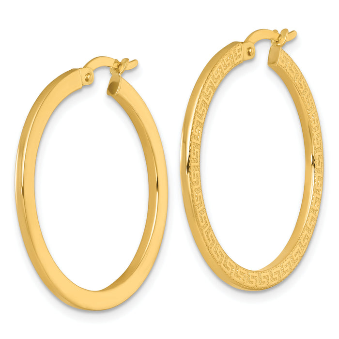14k Polished Textured Greek Key Hoop Earrings-TF2397
