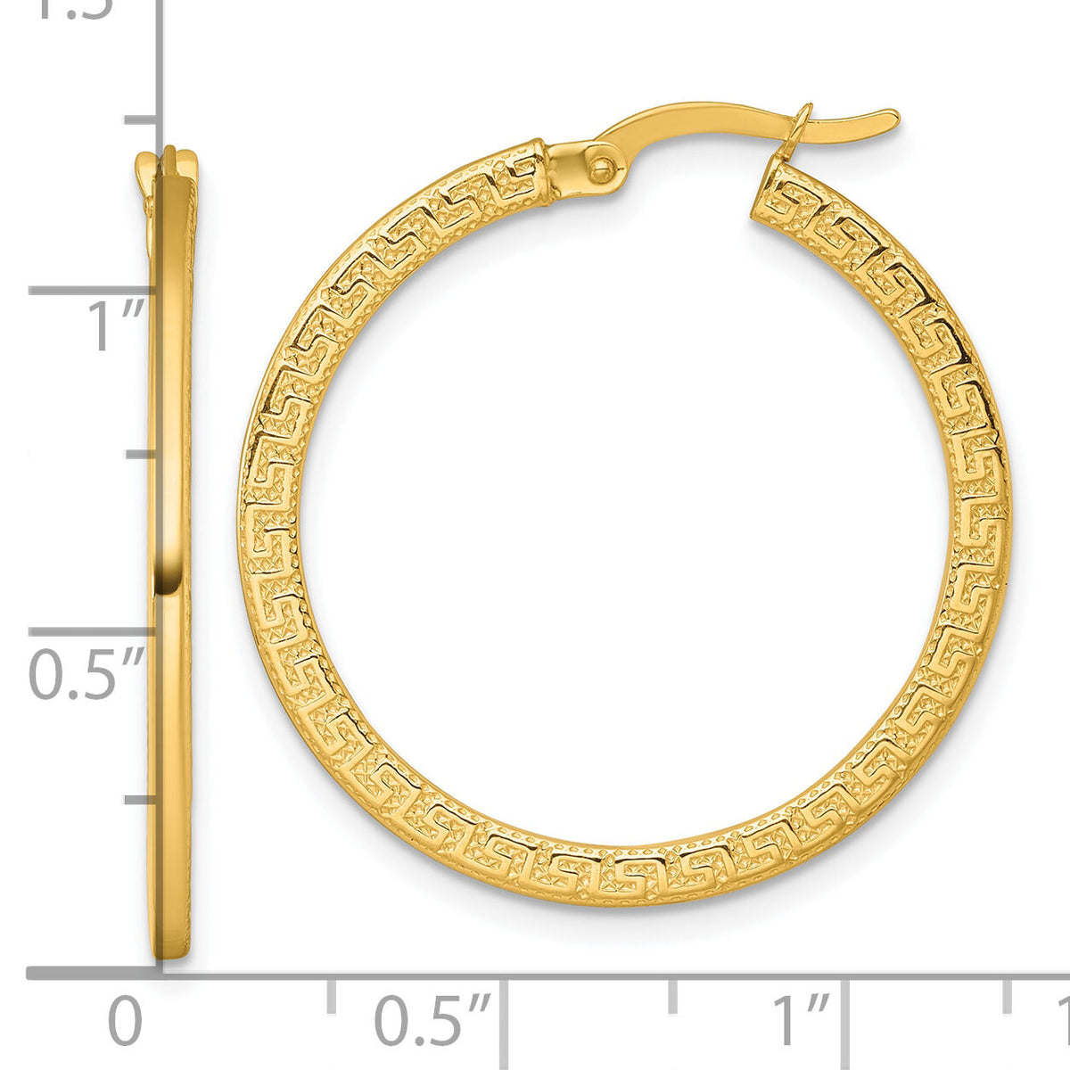 14k Polished Textured Greek Key Hoop Earrings-TF2397