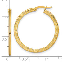 14k Polished Textured Greek Key Hoop Earrings-TF2397
