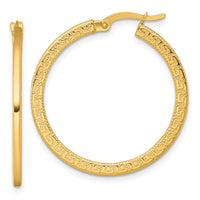 14k Polished Textured Greek Key Hoop Earrings-TF2397