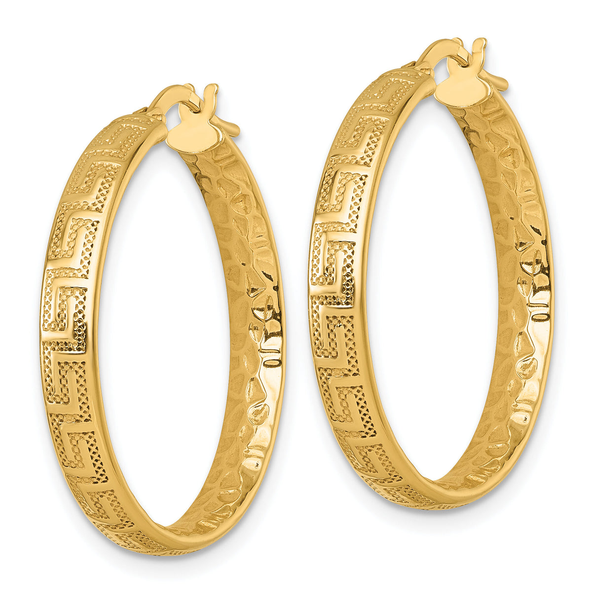 14K Polished Textured 4mm Greek Key Textured Inside Hinged Hoop Earrings-TF2401