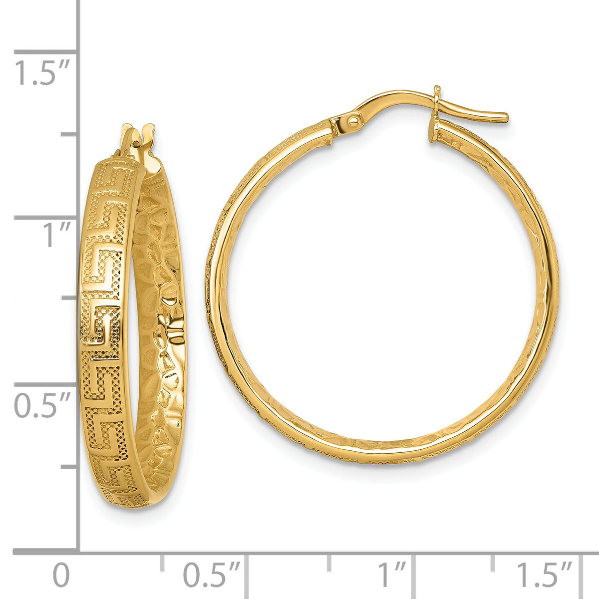 14K Polished Textured 4mm Greek Key Textured Inside Hinged Hoop Earrings-TF2401