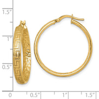 14K Polished Textured 4mm Greek Key Textured Inside Hinged Hoop Earrings-TF2401