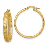 14K Polished Textured 4mm Greek Key Textured Inside Hinged Hoop Earrings-TF2401