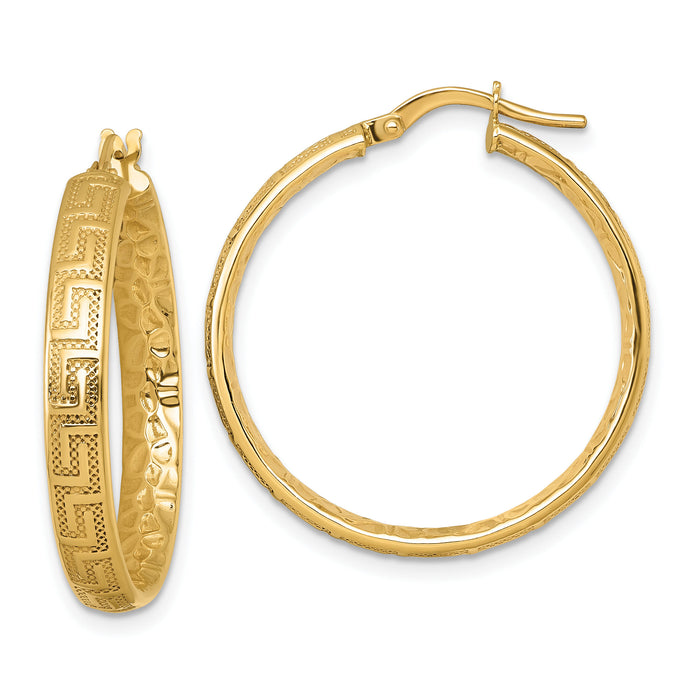 14K Polished Textured 4mm Greek Key Textured Inside Hinged Hoop Earrings-TF2401