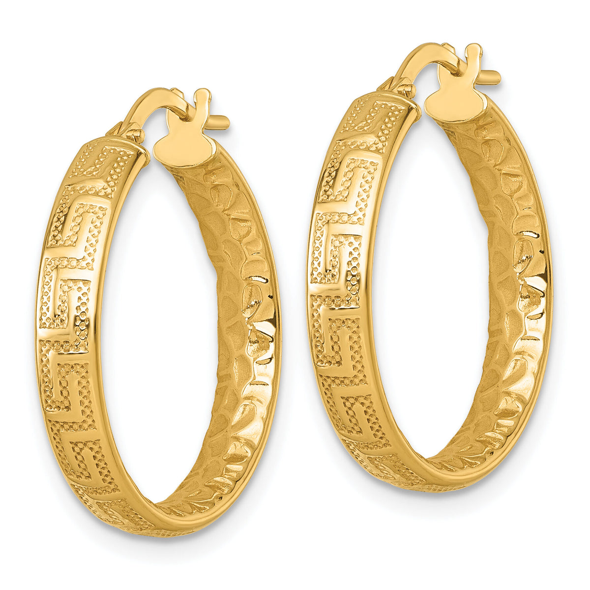 14K Polished Textured 4mm Greek Key Textured Inside Hinged Hoop Earrings-TF2402