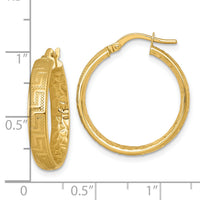 14K Polished Textured 4mm Greek Key Textured Inside Hinged Hoop Earrings-TF2402