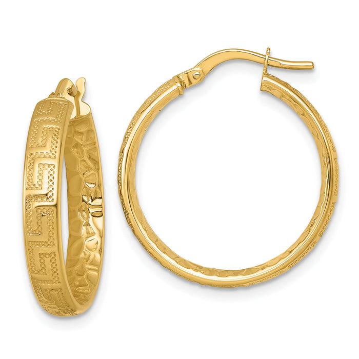 14K Polished Textured 4mm Greek Key Textured Inside Hinged Hoop Earrings-TF2402