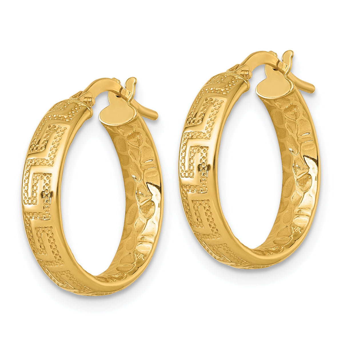 14K Polished Textured 4mm Greek Key Textured Inside Hinged Hoop Earrings-TF2403