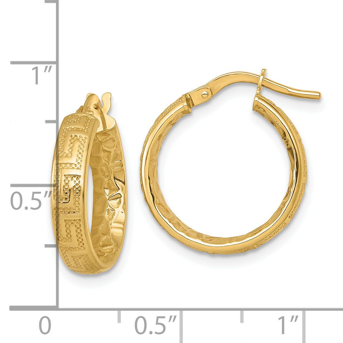 14K Polished Textured 4mm Greek Key Textured Inside Hinged Hoop Earrings-TF2403