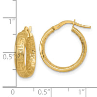 14K Polished Textured 4mm Greek Key Textured Inside Hinged Hoop Earrings-TF2403
