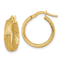 14K Polished Textured 4mm Greek Key Textured Inside Hinged Hoop Earrings-TF2403