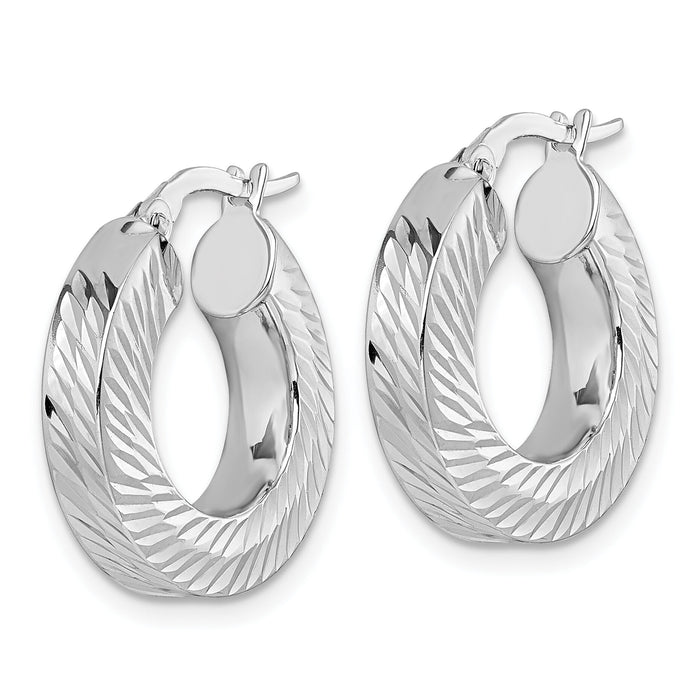 14K w/White Rhodium Polished/Diamond-cut Square Tube Hoop Earrings-TF2404W