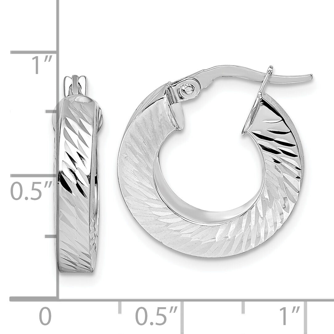 14K w/White Rhodium Polished/Diamond-cut Square Tube Hoop Earrings-TF2404W
