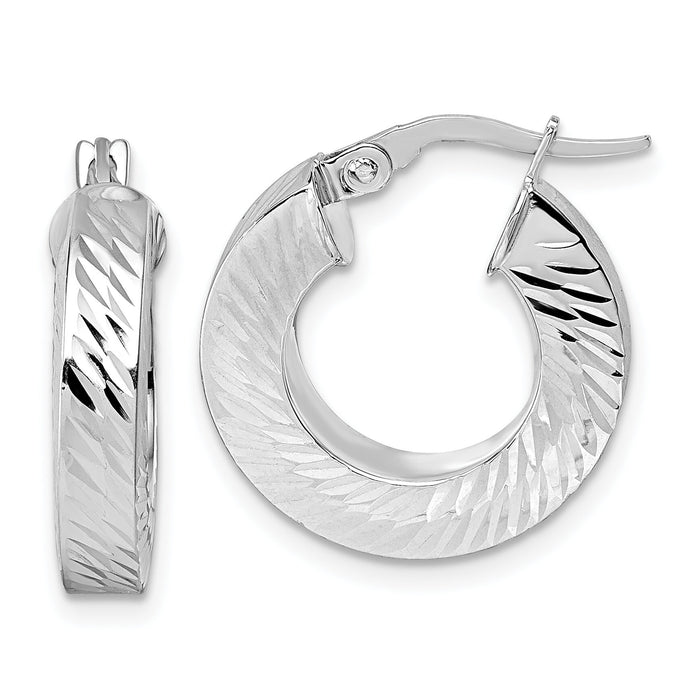 14K w/White Rhodium Polished/Diamond-cut Square Tube Hoop Earrings-TF2404W